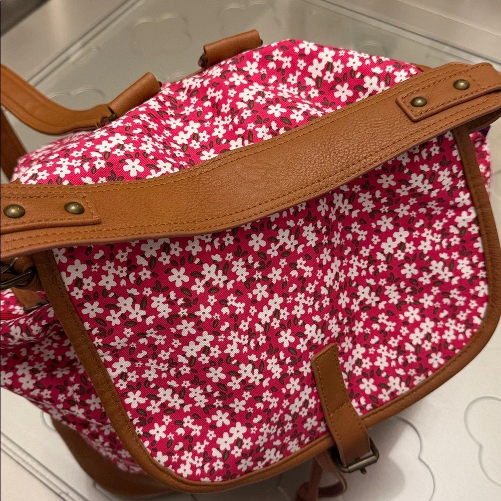 Madden Girl Red Floral Canvas Backpack with Tan Trim